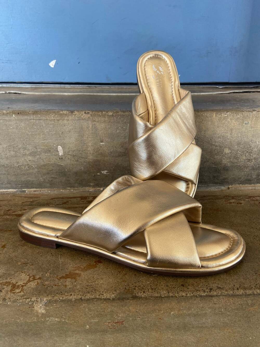 J. Crew Menorca metallic gold leather padded cross strap slide sandals